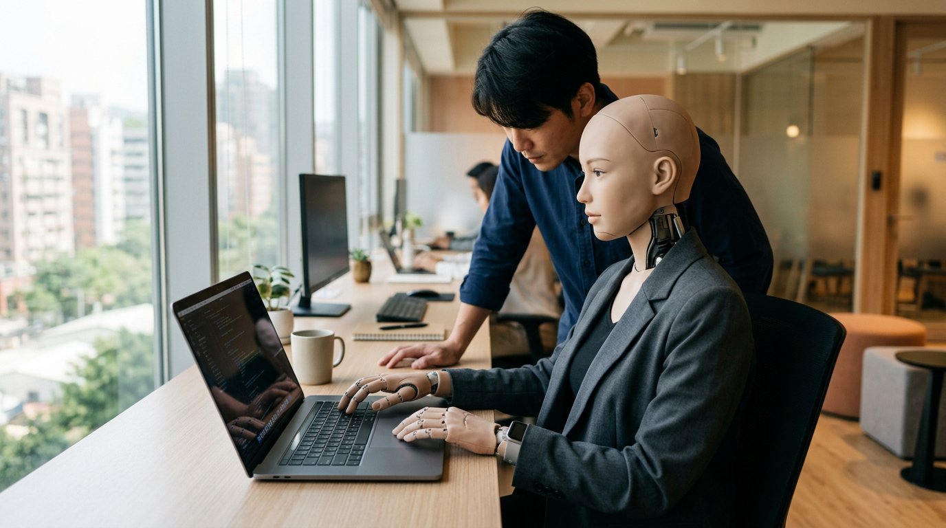 AI 代理：機器人在辦公室電腦前工作，人員在旁審核螢幕內容
