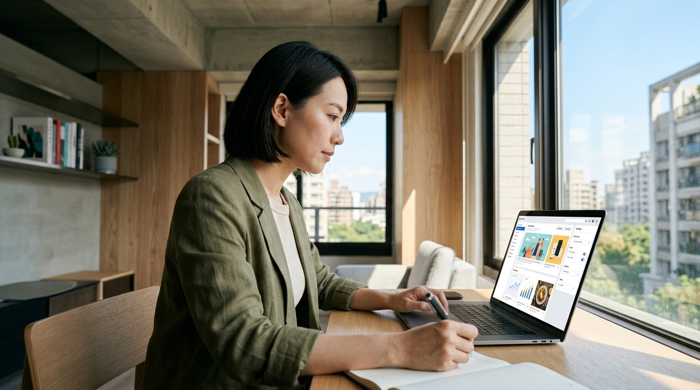 Meta AI 廣告：行銷人在筆電前檢查社群廣告版位的 AI 設定